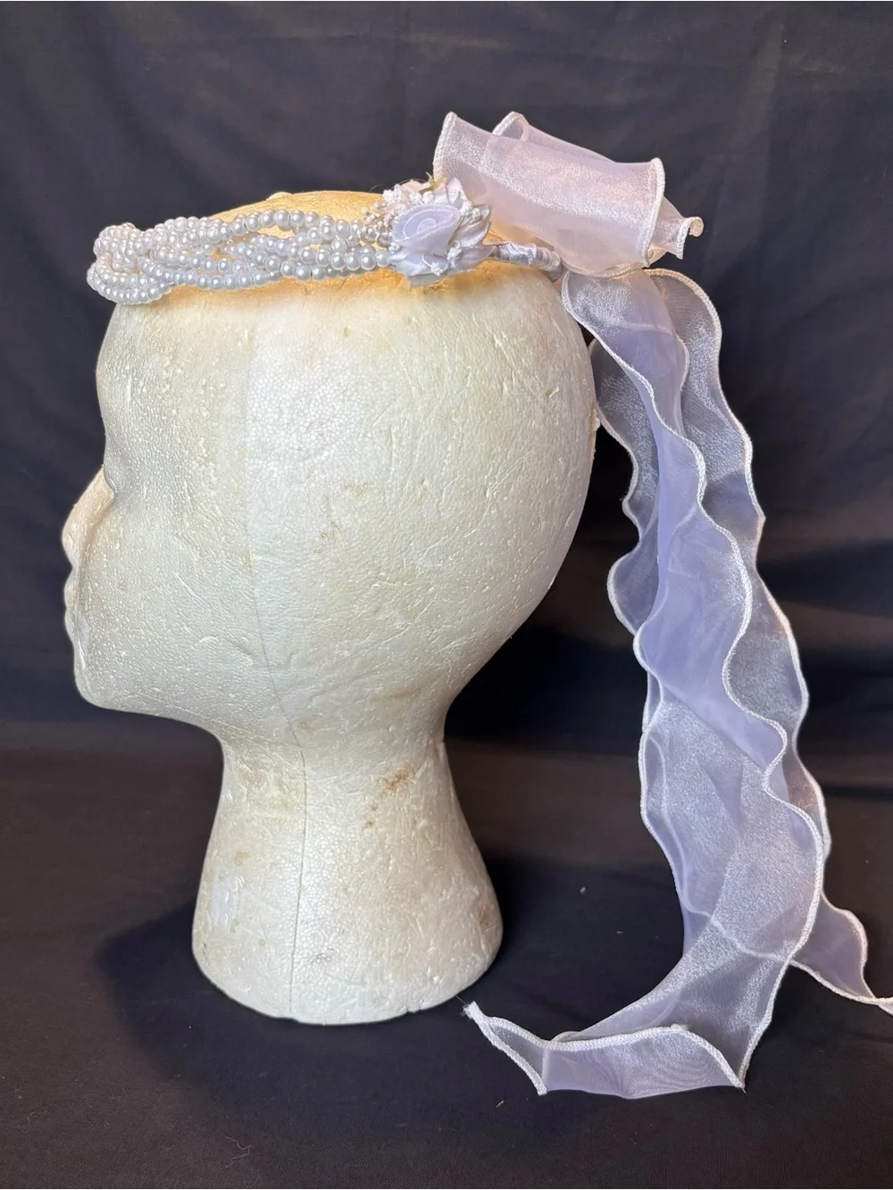 First Comunion, Wedding White Faux Pearls Braided Headband Crown w/Sheer Ribbon